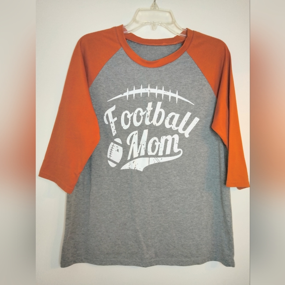 Football Mom (Size M) Orange & Gray Colorblock 3/4 Sleeves Graphic T-shirt